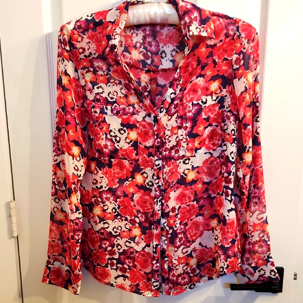 Express Red and Pink Long Sleeve Notched Collar Blouse